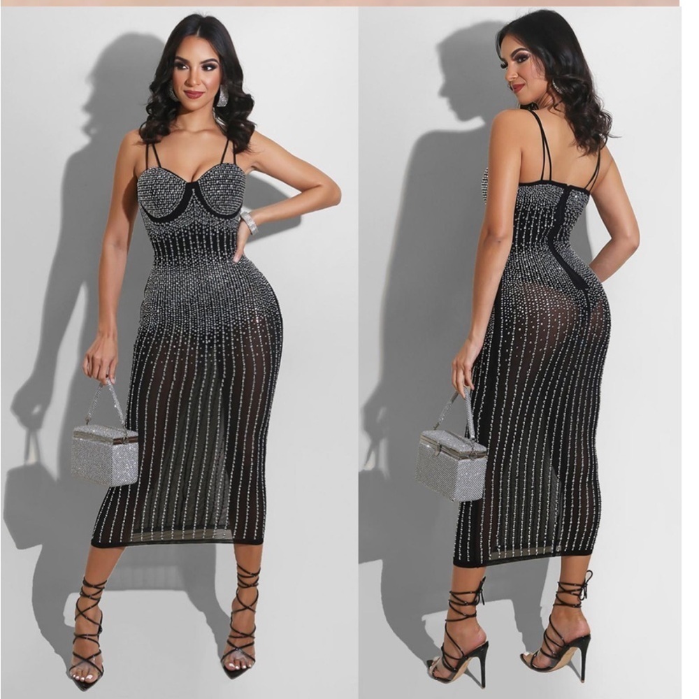 Sexy Sequin Mesh See Through Sleeveless Diamond Bodycon Dress new